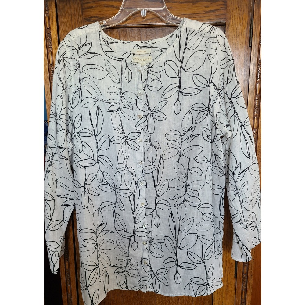 Cynthia Rowley Womens 1X Linen Button Up Top White Black Leaf Print Long Sleeve